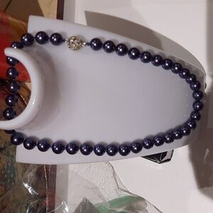 New Purple Faux Pearls Beaded Necklace 17" Crystal Rhodium Pearl Clasp